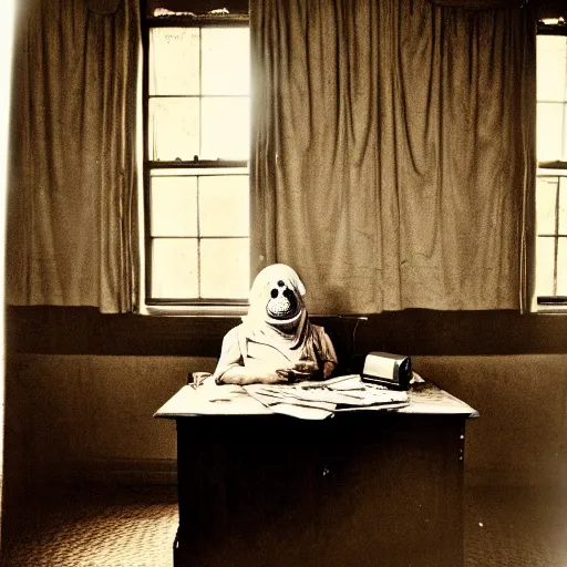 Image similar to Portrait of a mummy sitting at a very old desk, with very old curtains in the room. The desk has a very old phone on it. Dusty air