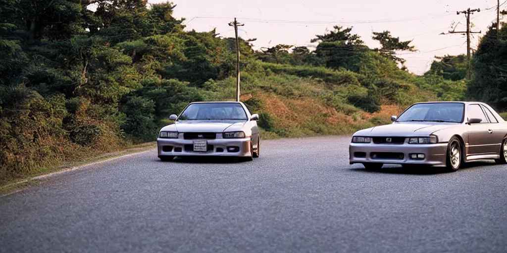 Prompt: Beautiful 1990s Photograph of Nissan Skyline R34 on a road in Japanese countryside, nightime, , dynamic lighting