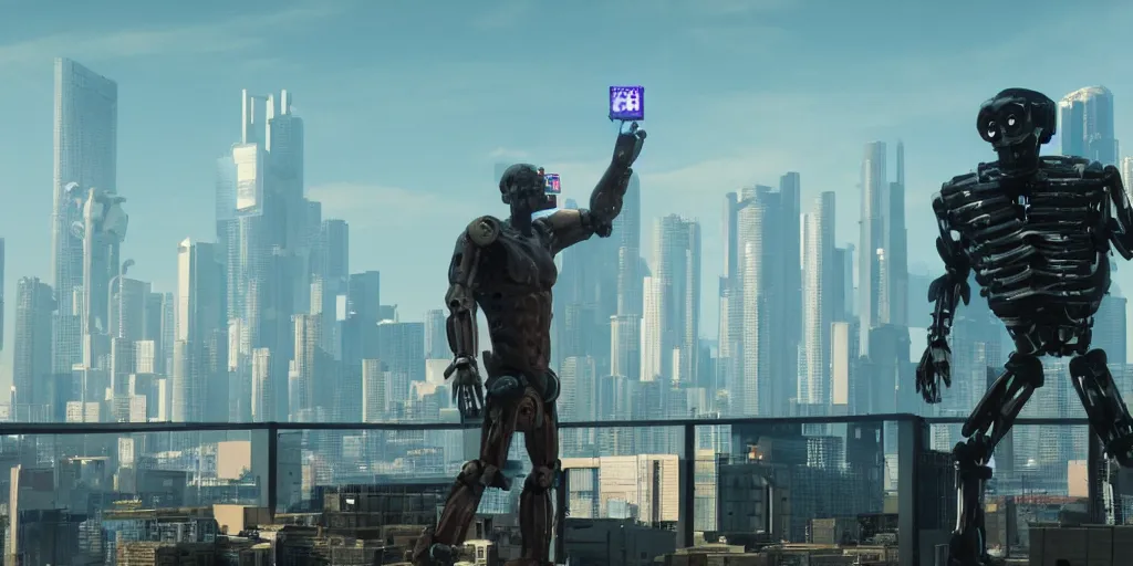 Image similar to cyberpunk buff old man stand-off with Deadcode humanoid robot on a rooftop by Roger Deakins