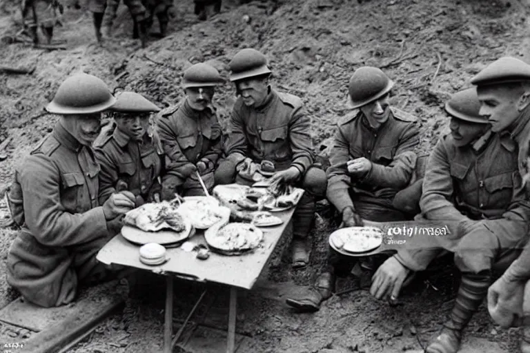 Image similar to old monochromatic photograph of spiderman sharing lunch with soldiers in a WW1 trench