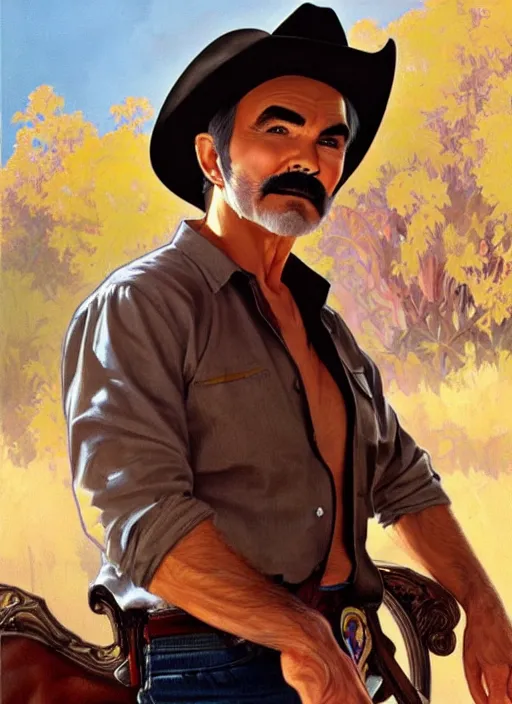 Prompt: burt reynolds wearing cowboy hat, painting by artgerm and greg rutkowski and alphonse mucha