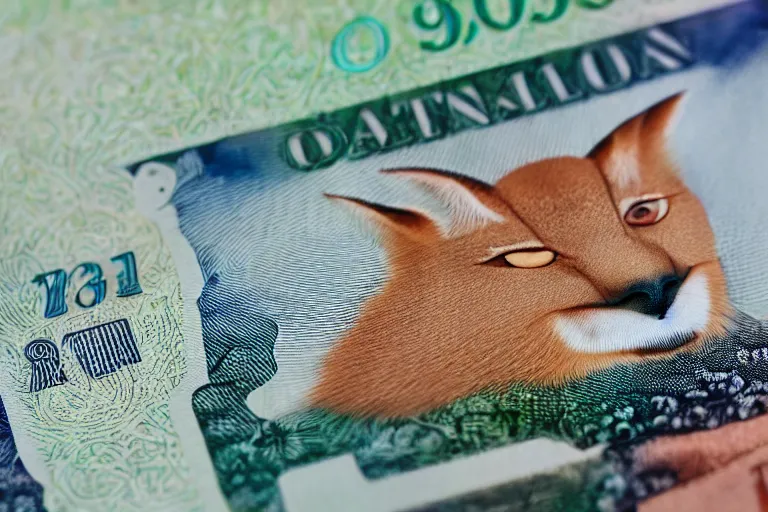 Image similar to one dollar banknote with face of cute caracal on it, photo realistic, ultra detailed, 8k, bokeh, sharp focus