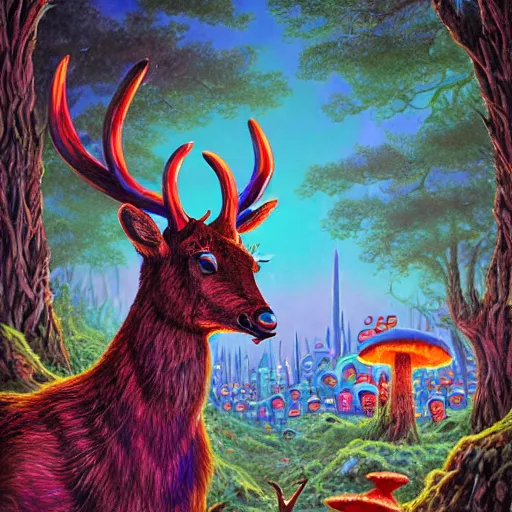 Image similar to 4 k headshot portrait of a psychedelic demonic anthropomorphic deer with mushroom themed clothes, magic mushroom village in background by jeff easley, award winning, stylized neon, post - processing, masterpiece, superb resolution. in the art style of junji ito and greg rutkowski. detailed mushroom city in background. hyper realistic anime. perfect art. dalle 2