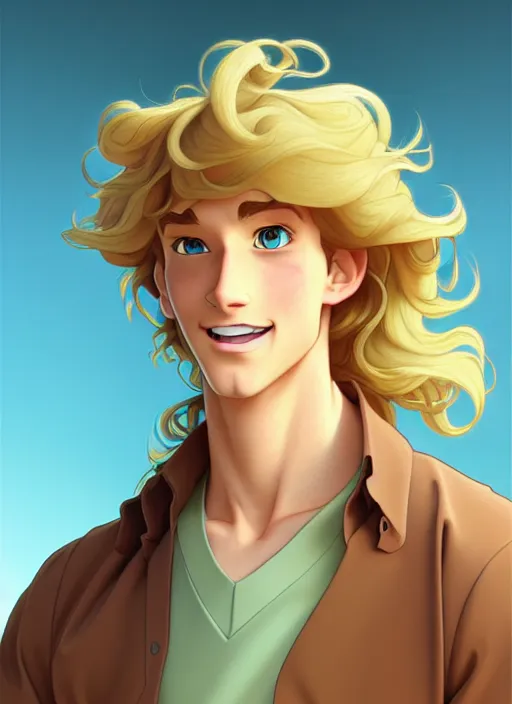 Image similar to young man with medium - length, curly, golden hair, aquamarine eyes, natural lighting, path traced, highly detailed, high quality, cartoon, digital painting, by don bluth and ross tran and studio ghibli and alphonse mucha