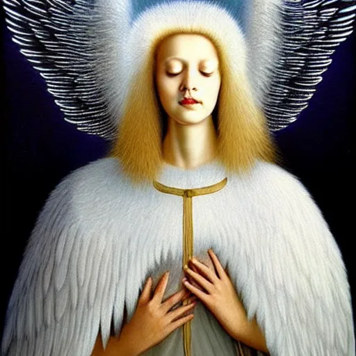 Image similar to big detailed face highdetailed hyperrealistic painting of white angel!!! no gender!!!, giant ball of miracle light from the chest!!!!!, white sparkles everywhere, 4 k hd fur face!!!, big wings, by jan van eyck, holography space, glow effect, large strokes, white monochrome color!!!!!