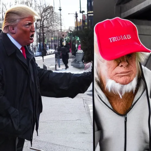 Image similar to donald trump dressed as a homeless man asking for money on the streets, detailed face