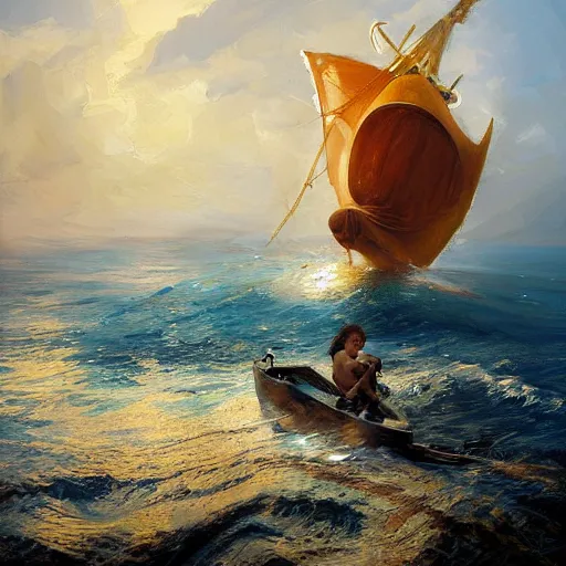 Prompt: stunning portrait of 2yo greek argonaut Orpheus sailing in a golden vessel in Cap de Creus, painting by Raymond Swanland hq