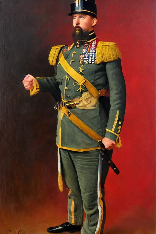 Image similar to full body portrait of the dictator of the golden state warriors, 1 8 8 9, in full military garb, oil on canvas by william sidney mount, trending on artstation