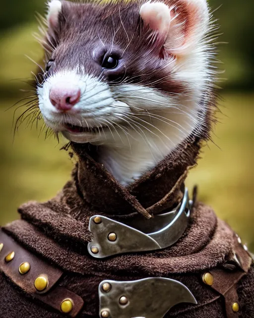 Image similar to ferret warrior, furry, fantasy, viking, high detailed, photography, cloudy, lightweight leather armour, scandinavia, plain, detailed face, look into the distance, serious face, full body, in full growth, professional photographer, masterpiece, 5 0 mm, extremely detailed, 8 k