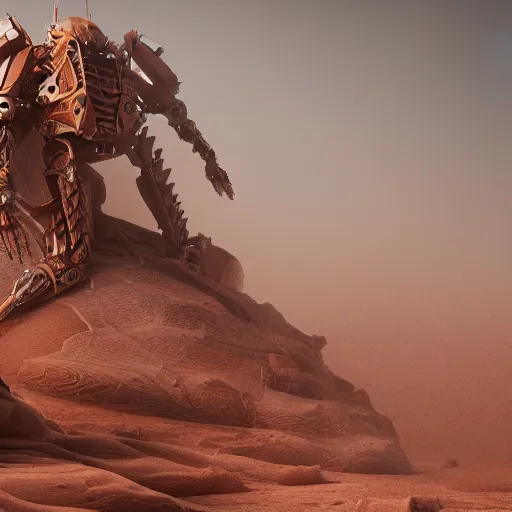 Prompt: a biomechanical titan standing against a desert cliff. sandstorm. octane render. highly detailed