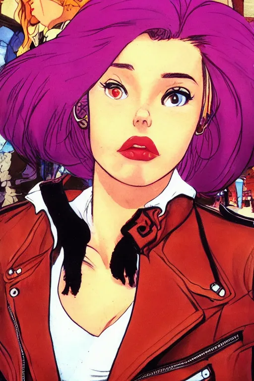 Image similar to portrait of an attractive young female protagonist, center focus, wearing leather jacket, in city street, detailed face, artwork by ralph bakshi