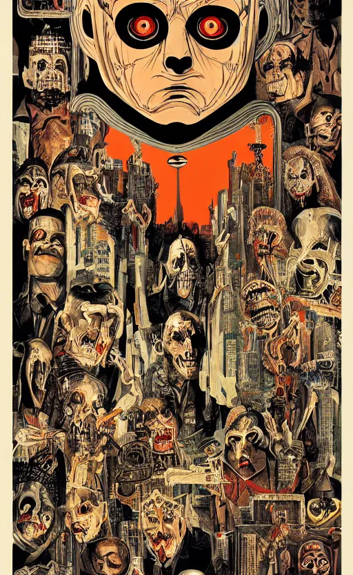 Image similar to cursed with necronomicon horrorcore cel animation poster depicting i don't know, intricate faces, metropolis, 1 9 5 0 s movie poster, post - processing, vector art