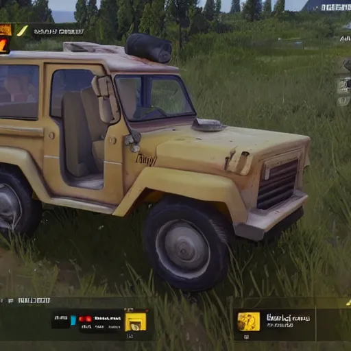 Image similar to invoker from dota 2 driving uaz in playerunknown battlegrounds