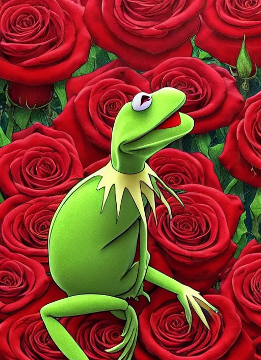 Image similar to kermit posing on a bed colorful red roses, path traced, highly detailed, high quality, digital painting, by studio ghibli and alphonse mucha, leesha hannigan, makoto shinkai, disney