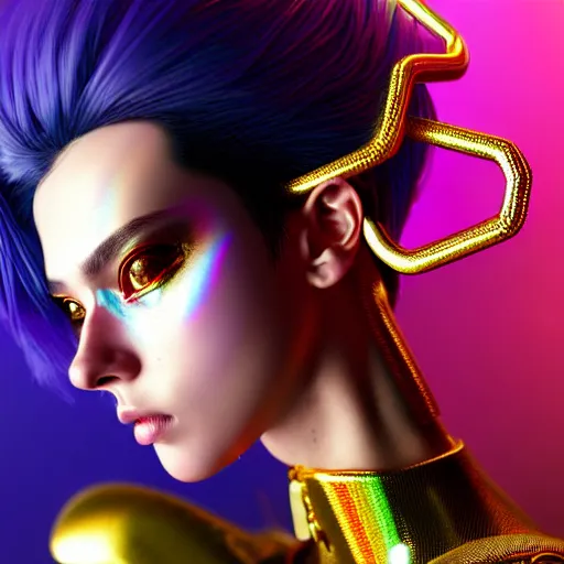 Prompt: hyperdetailed portrait of a stunningly beautiful cyberpunk cutie european girl with dark hair guard made of iridescent metals and shiny pink gems, bright rainbow nimbus, gold necklace, gold background inspired by ross tran and masamune shirow and kuvshinov, intricate, photorealistic, octane render, rtx, hdr, unreal engine, dnd digital art by artgerm