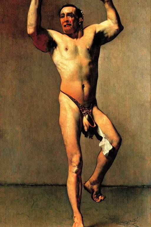 Image similar to body portrait of actor vincent elbaz posing as a wrestler, colour painting by norman rockwell, guidi prime background by carl spitzweg