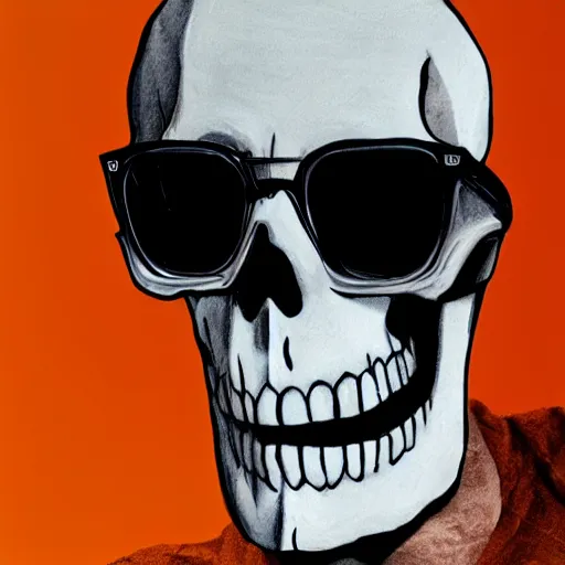 Prompt: beautiful portrait of skeleton in sunglasses with thumbs up, nuclear explosion in the background, trending on Artstation, realistic, HD, 4K, five fingers, highly detailed, high quality