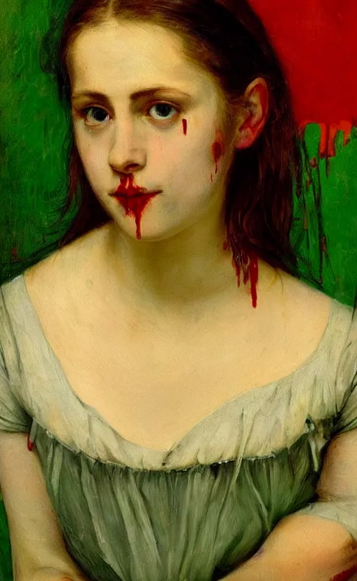 Image similar to by 1 9 th century famous painter, portrait, young woman, blood smear, blood dripping, knife, realism, realistic, oil painting, green wallpaper background