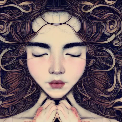 Prompt: a high resolution, 8k vogue photograph of a woman with a beautiful face and love heart swirling hair by Audrey kawasaki and James jean