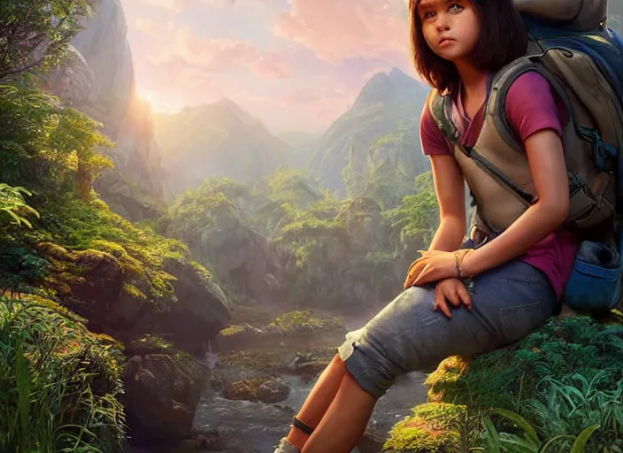 Prompt: real teen dora the explorer. epic cinematic hyperrealism masterpiece. realistic poster with shaded lighting by craig mallismo, artgerm, jeremy lipkin and michael garmash, unreal engine, radiant light, detailed and complex environment, octane photoreal 3 d render, art station trends