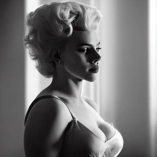 Image similar to stunning awe inspiring scarlett johansen as marilyn monroe, movie still 8 k hdr atmospheric lighting