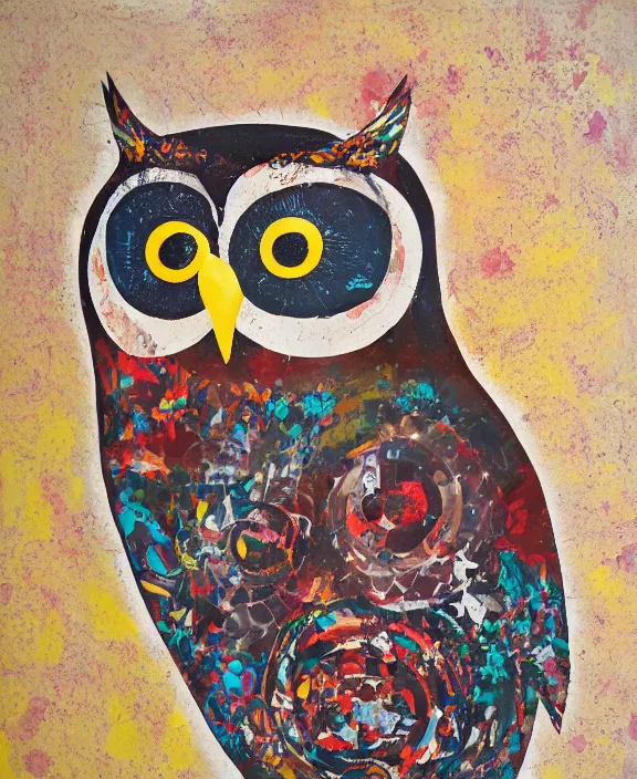 Image similar to owl, mixed media, abstract on canvas, gouache paint, matte colors, nostalgiacore, vintage, 1 9 5 0's decor, retro, intricate maximalism, flat shading, voronoi, groovy, low fi,