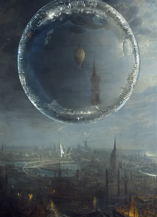 Image similar to a giant water bubble with a reflection of a city, modern fine art, fractal, intricate, elegant, highly detailed,, by jheronimus bosch and greg rutkowski,