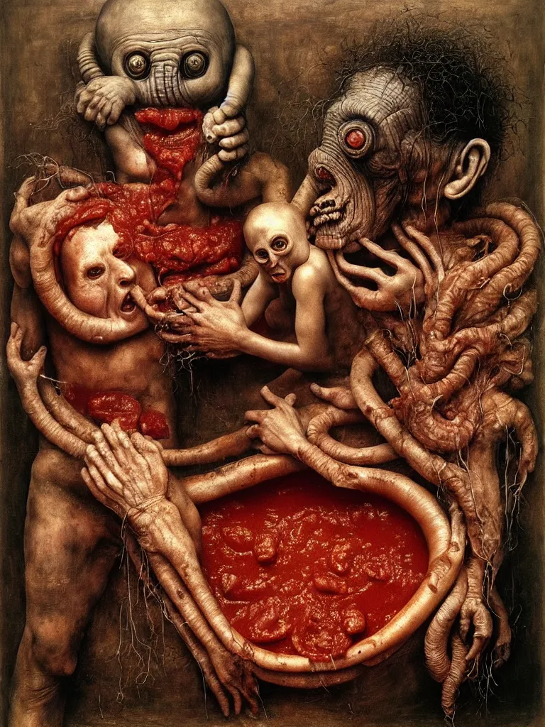 Image similar to a boy like eraserhead and elephant man sitting in a tub full of tomato sauce, looking straight into camera, screaming in desperation, by giuseppe arcimboldo and ambrosius benson, renaissance, fruit, intricate and intense oil paint, a touch of beksinski and hr giger and edward munch, realistic