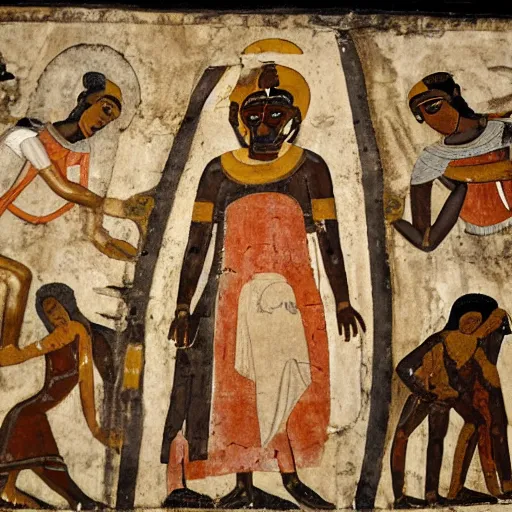 Prompt: ancient Ethiopian church wall painting depictions of Hell, Satan and other infernal beasts