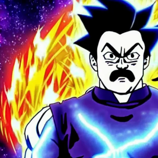 Image similar to Ultra Instinct Ron Swanson in space in the style of Dragon Ball Z