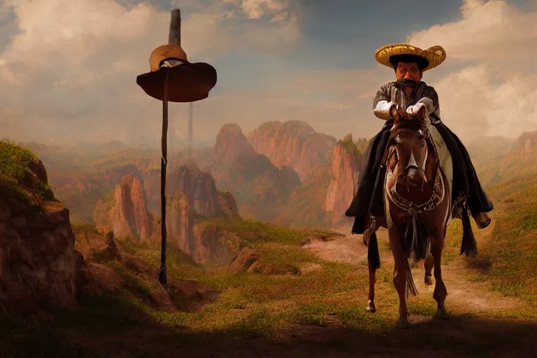 Image similar to a detailed 3 d render of bruno from encanto dressed as pancho villa, poncho, 1 8 th century south america, octane render, 8 k, volumetric lighting, in the style of disney, art by albert bierstadt and thomas moran