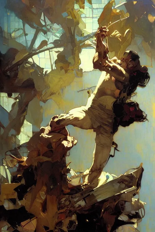 Image similar to mike stoklasa, action lines, painting by'phil hale '!!! gaston bussiere, craig mullins, greg rutkowski, alphonse mucha,