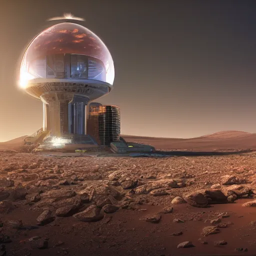 Prompt: vertical farm tower next to a glowing sci - fi dome on mars, drones nearby, a sense of hope and optimism, hyper realistic, high res, 4 k, dusty light, edouard groult, bynde, kirill leonov, isaac zuren, edward barons