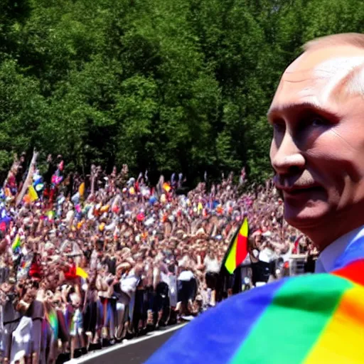 Prompt: photo of vladimir putin leading the gay pride parade, depth of field