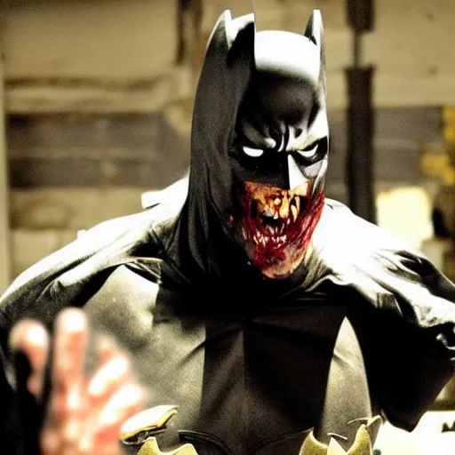 Image similar to Film still of zombified Batman, from The Walking Dead (2010 TV Show)