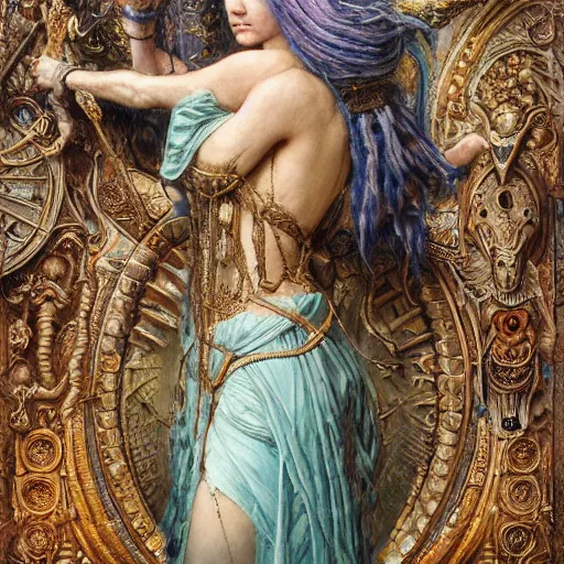 Image similar to intricate detail, hyper detail, by gaston bussiere, bayard wu, greg rutkowski, h. r. giger, greg rutkowski, sandro botticelli, lady of elche, techno mystic goddess princess intergalactica, goddess inanna, ashteroth, with aqua rapunzel dreadlocks, mami wata, detailed, masterpiece, sharp focus,