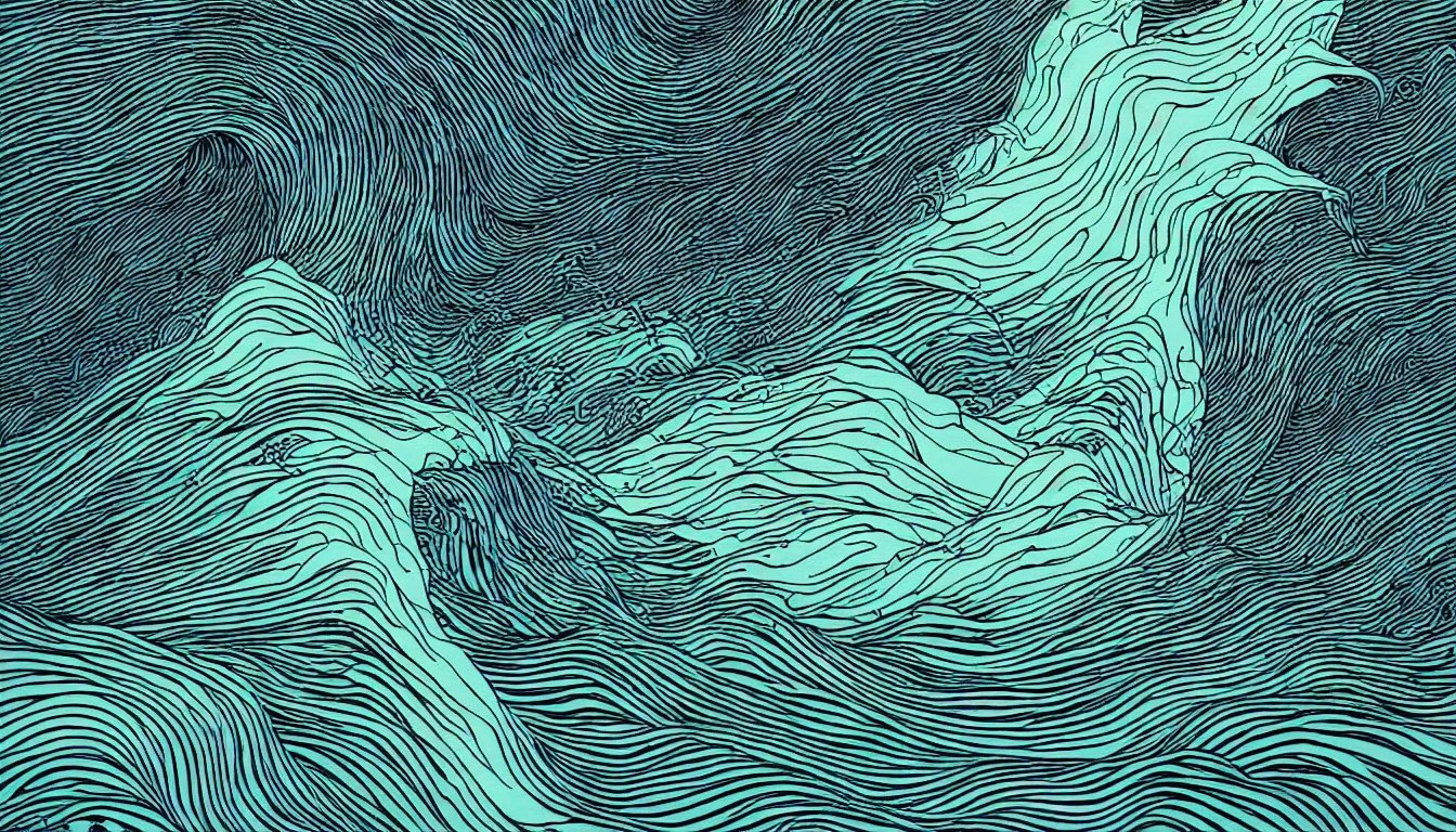 Image similar to minimalist wave, long lines, ink pen by kilian eng, victo ngai, josan gonzalez