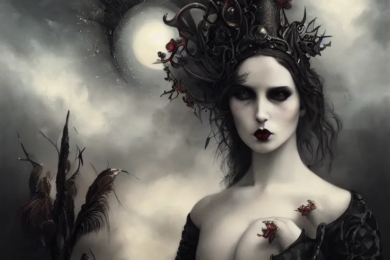 Prompt: By Tom Bagshaw, ultra realist soft painting of curiosities carnival by night, eyes shut very beautiful horn single female gothic wearing corset , symmetry accurate features, very intricate details, omnious sky, black and white, volumetric light clouds