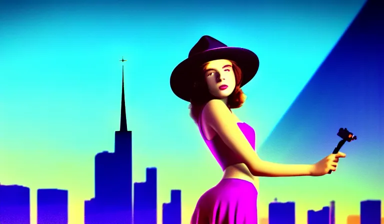 Prompt: a beautiful and immaculate young teenager girl with fedora hat. synthwave. outrun style. trending on artstation. recommended for you behance. by chris moore. by edward hopper. metropolis filmic. gotham city.