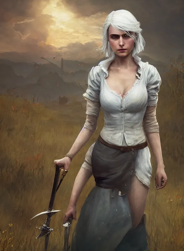 Image similar to a half portrait of ciri from the witcher 3 wearing a white sundress in fallout 4, platinum hair, fantasy setting, beautiful face, warm colors, serene lighting, atmospheric, cinematic, moody, in the style of diego koi, gina heyer, luiz escanuela, art by alyssa monk, hyperrealism, rule of thirds, golden ratio, oil on canvas, 8 k