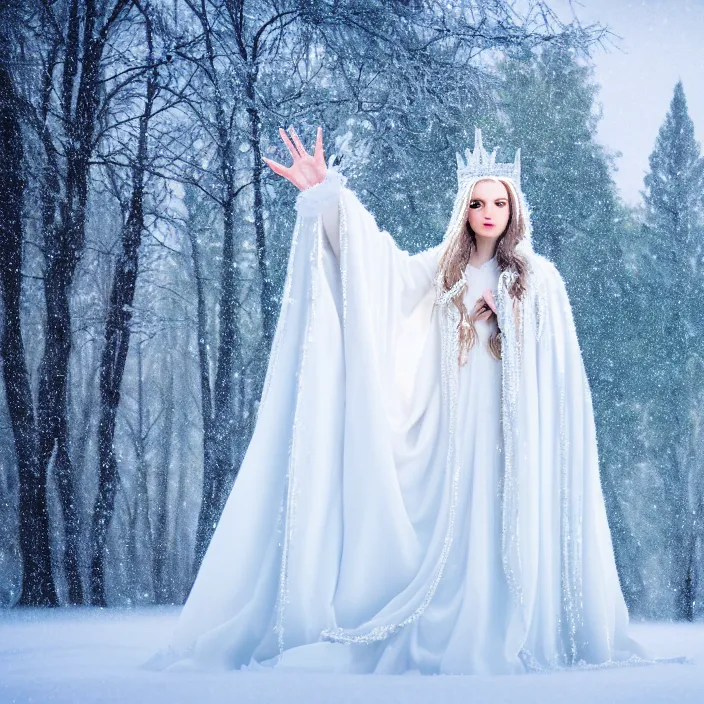 Image similar to photograph of a real-life beautiful ice queen with ornate white cloak and crown in an ethereal snowy landscape. Extremely detailed. 8k