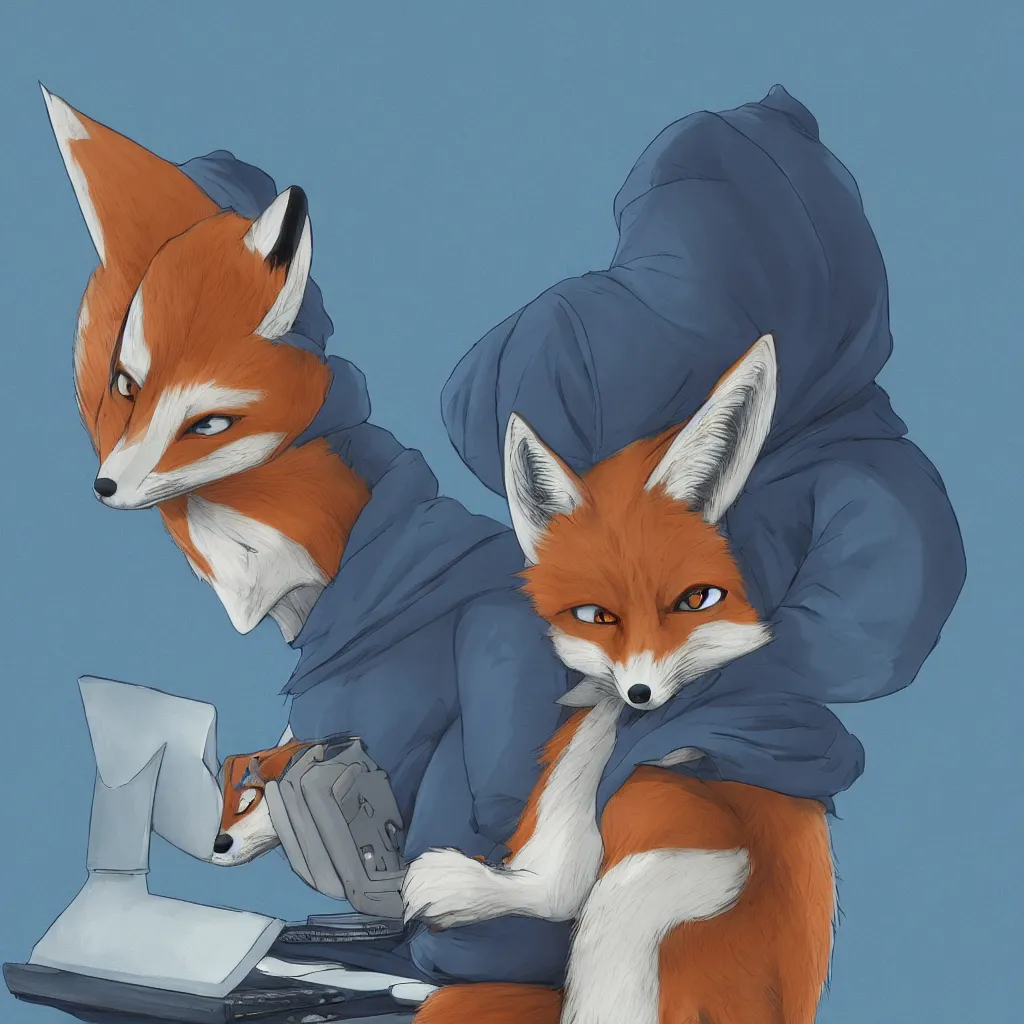 Image similar to an anthropomorphic fox in a blue hoodie sitting in front of the computer, dark tones, concept art, digital art, highly detailed, anime, by hayao miyazaki