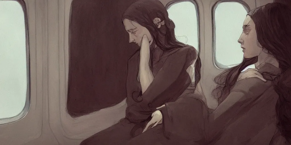 Image similar to a beautiful painting of a sad woman on a train by abigail larson, trending on artstation