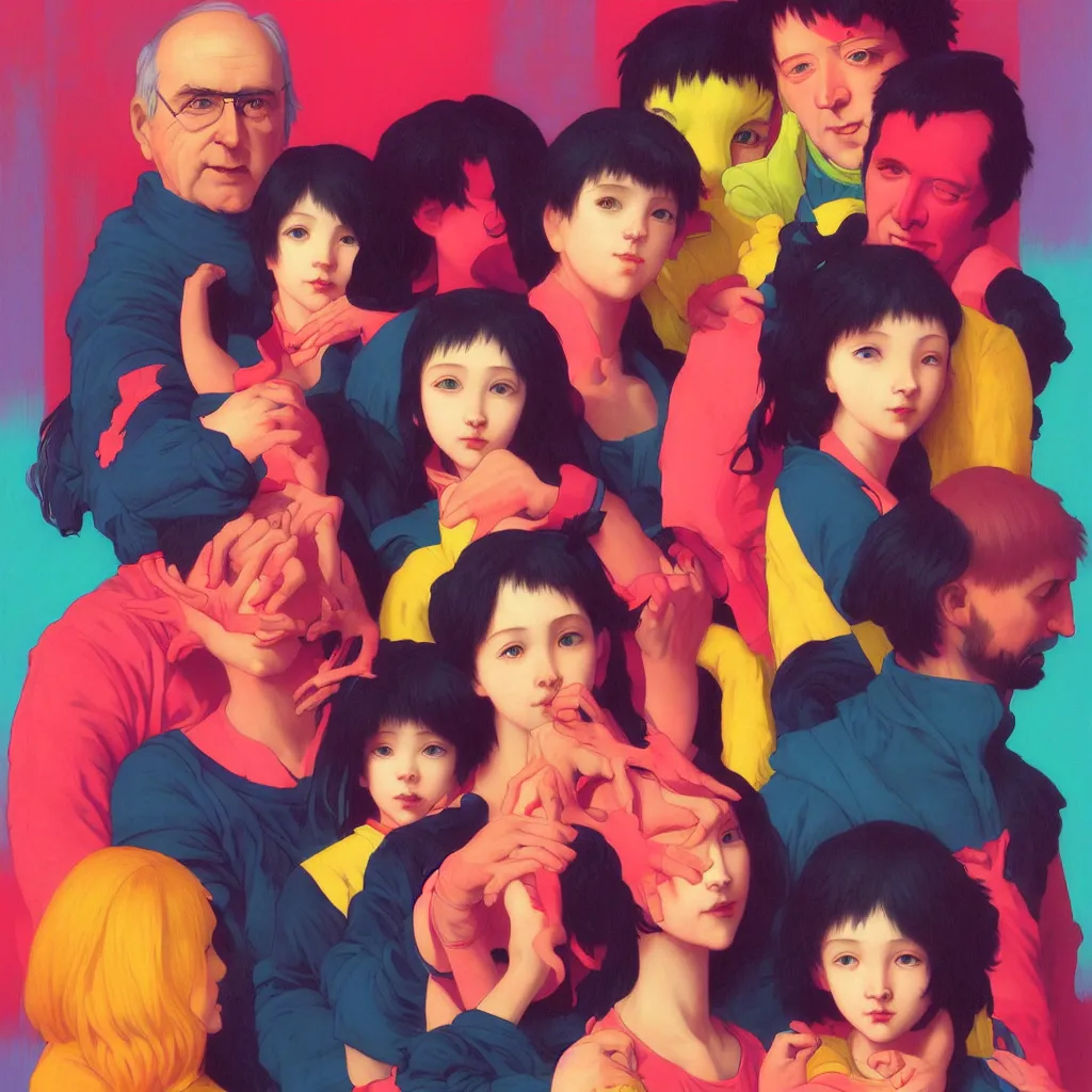 Prompt: bright and vivid portrait of happy family photo, vivid colors, neon, art by ( ( ( kuvshinov ilya ) ) ) and wayne barlowe and francis bacon and artgerm and wlop and william - adolphe bouguereau