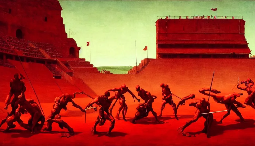 Image similar to only with red, gladiator battle in a crowded roman amphitheatre, crowd cheering, in the style of beksinski and edward hopper and rodcenko and yue minjun and cory loftis, intricate and epic composition, red by caravaggio, highly detailed, masterpiece, red light, artstation, art nouveau