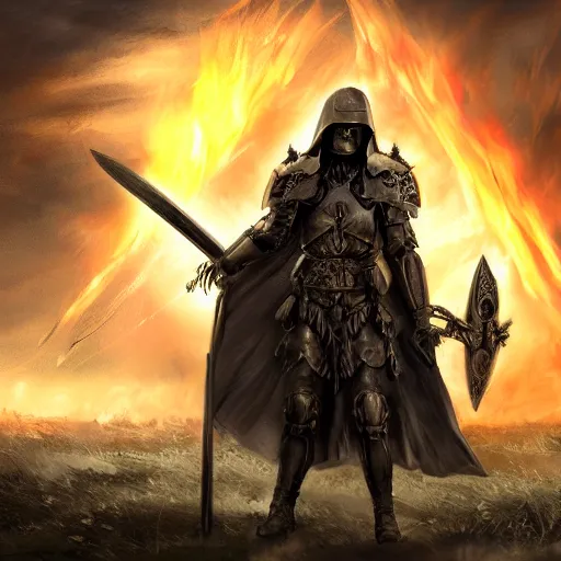 Prompt: angel of death holding sword and shield above battle field littered with swords, fire in the sky, 4k ultra hd, dark concept art