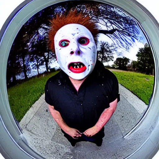 Image similar to the most horrifing photo of michel myers, fish eye