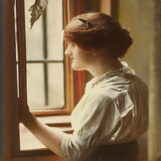 Image similar to a vintage 1 9 1 0 s kodachrome slide of a young woman at home looking out a window.