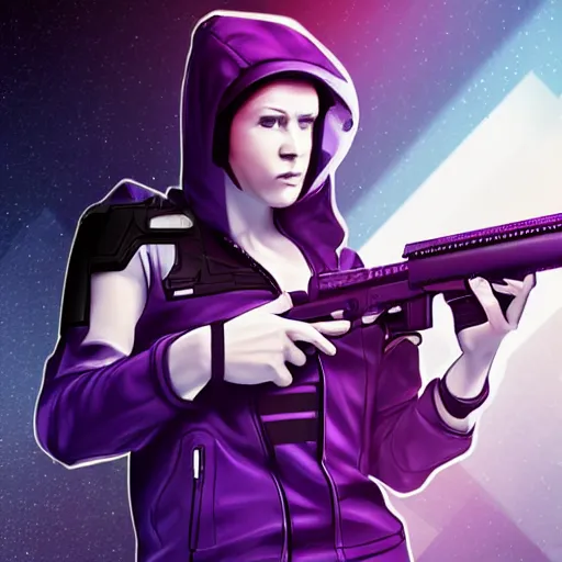 Image similar to poster artwork, sci fi, a female, full body, black hoodie techie, black hair with purple streaks, holding a gun, 8 k