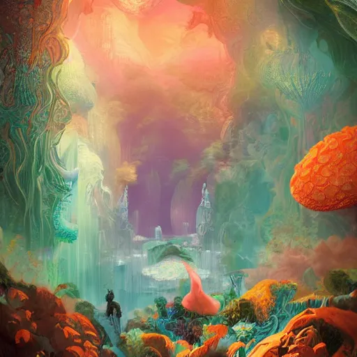 Prompt: dreamlike primordial garden glitchcore , glossy painting, Art Nouveau Cosmic 4k Detailed Matte Illustration featured on Getty Images ,CGSociety, Jade and Carrot orange color scheme, Pastiche by Marc Simonetti, Pastiche by Cedric Peyravernay